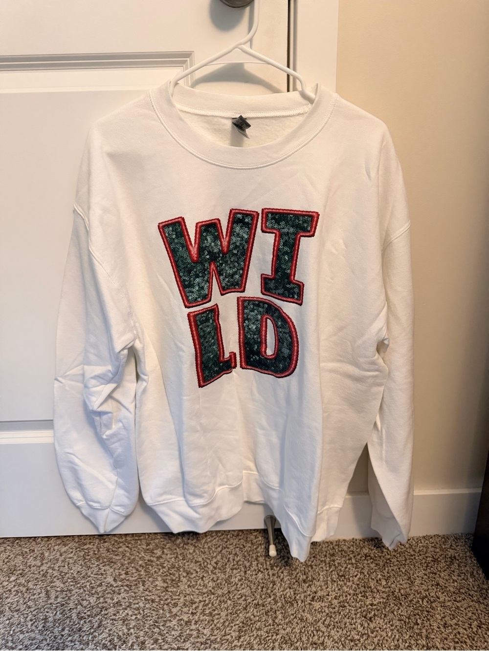 Gildan White Crewneck Sweatshirt with Green Sequin MN WILD